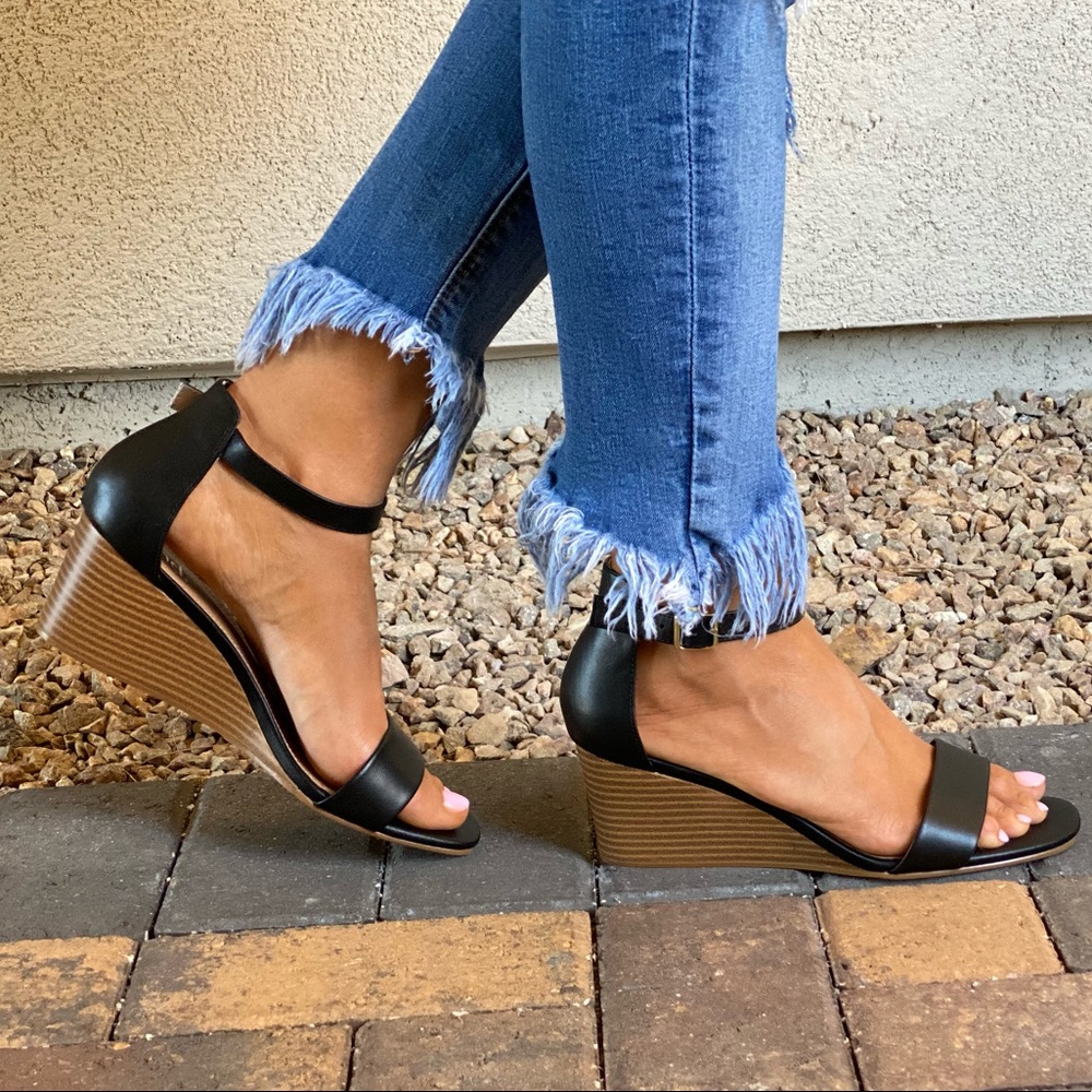 Black Summer Leather Kitten Heel Wedge Sandal - Picture 11 of 13